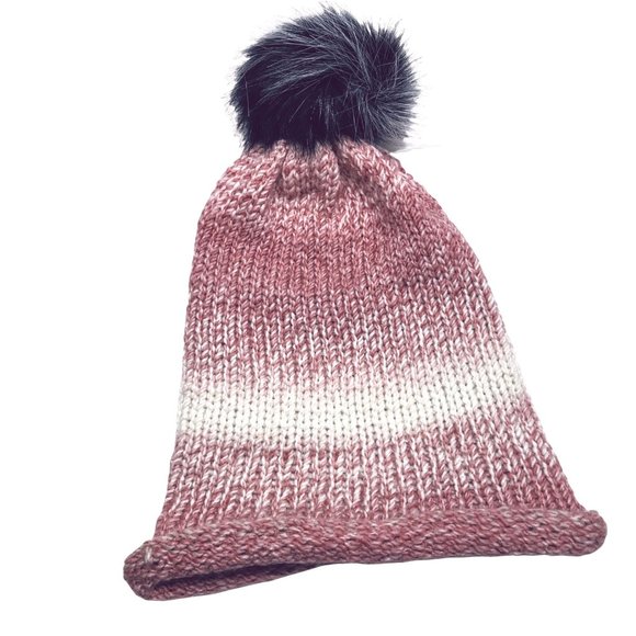 Handmade pom hat rose pink knit slouchy removable faux fur pompom adult winter - Picture 9 of 12